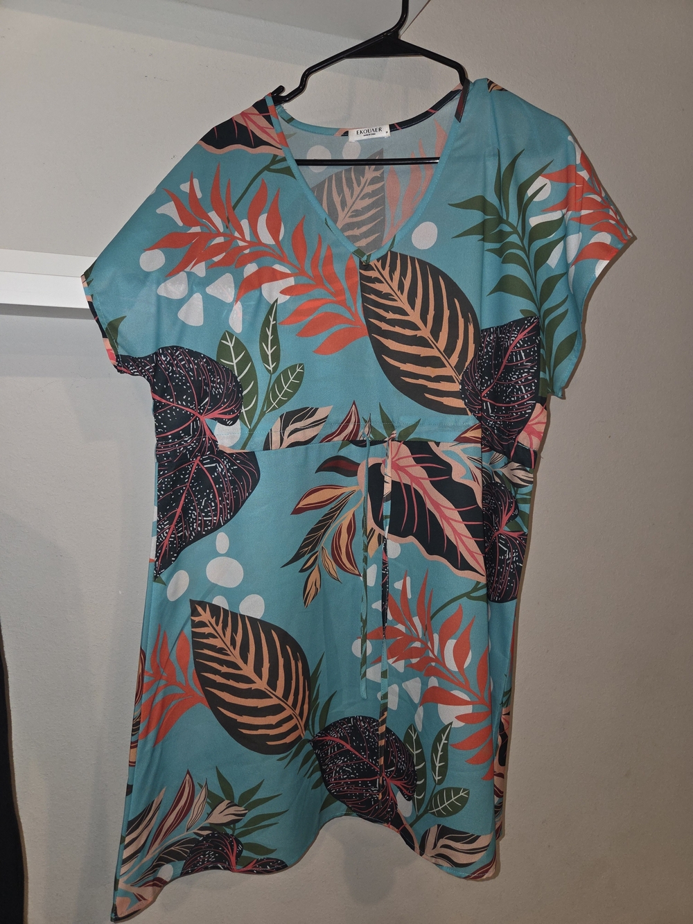 Ekouaer Tropical Teal Wrap-Style Mini Dress with Tie Waist